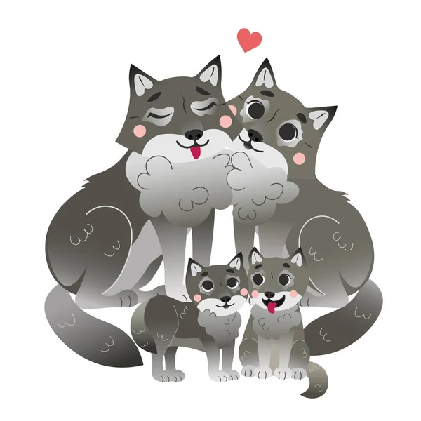 Cute cartoon grey wolf family vector image. Male and female wolfs with their cubs. Forest animals for kids. Isolated on white background. — Stock Vector