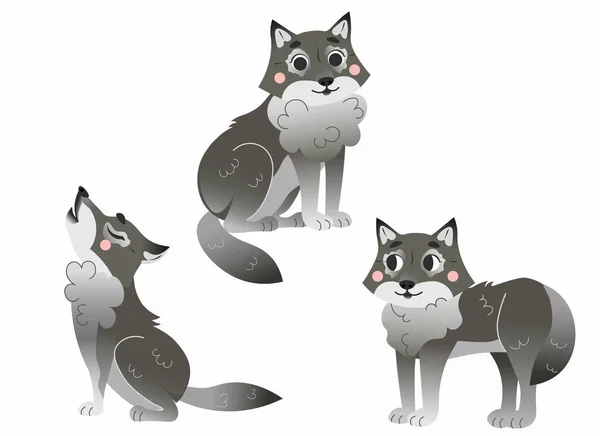 Lindo juego de vectores de lobos grises de dibujos animados. Lobos en diferentes posturas. Sentado, aullando, lobo de pie. Animales del bosque para niños. Aislado sobre fondo blanco — Vector de stock