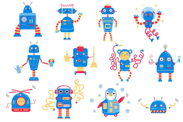 Kolor obrazu cute blue cartoon robotów. Monochromatyczny wektor dla dzieci. Izolacja na białym tle — Wektor stockowy