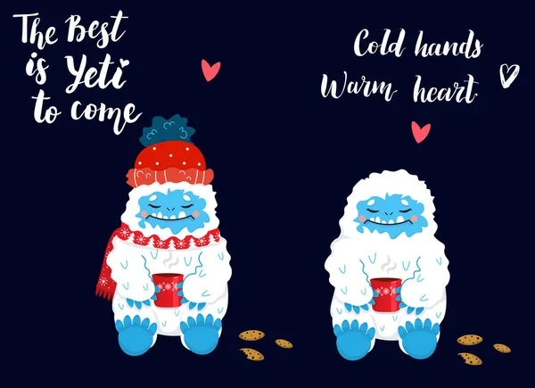 Lindo y acogedor yeti nieve beber café o té con galletas vector conjunto. Lo Mejor es Yeti por venir. Feliz yeti de dibujos animados con sombrero rojo de invierno y bufanda. Vacaciones y actividades de invierno . — Archivo Imágenes Vectoriales