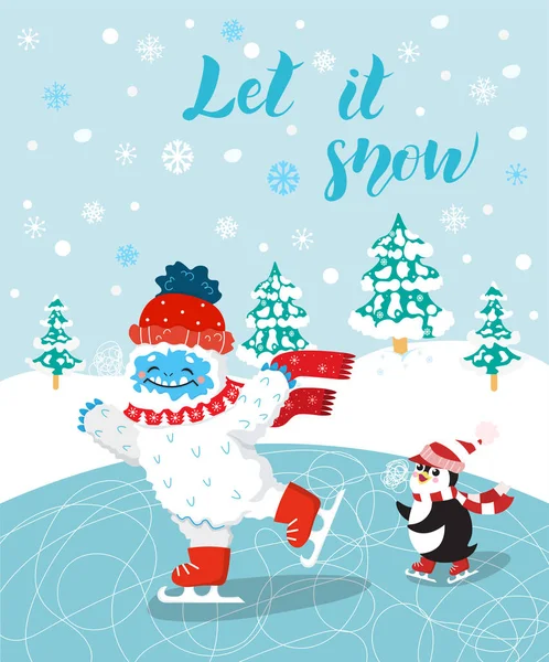Roztomilý a zábavný sníh Yeti bruslení se svým přítelem tučňáka vektorový tisk pro pohlednici. Nech to Sněhurko. Šťastný kreslený yetti s červeným zimním kloboukem a šátkem v lese. Zimní dovolená. — Stockový vektor