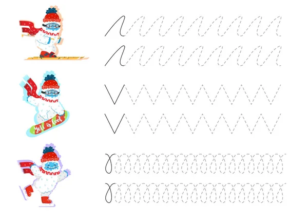 Tracing lines und handschriftliche übungsbogen für vorschulkinder mit niedlichen cartoon snow yeti skifahren, snowboarden, skaten. Schreibtraining druckfähiges Arbeitsblatt mit wellenförmigen Linien auf weißem Hintergrund. Winterurlaub, Aktivitäten und Sport — Stockvektor