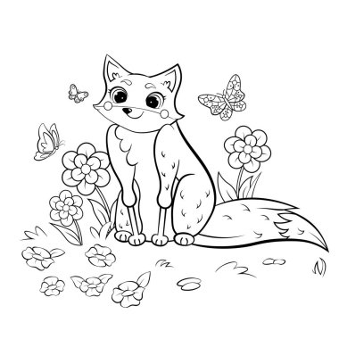 Sevimli tilki ve kelebeklerin renkli sayfa taslağı. Orman geçmişi olan vektör görüntüsü. Çocuklar için orman hayvanları boyama kitabı..