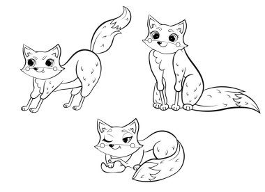 Tatlı Vahşi Tilki çizgi filminin rengarenk sayfası. Tilki farklı duruşlarda. Oturan, yalan söyleyen ve tilki avlayan vektör kümesi. Çocuklar için orman hayvanlarının boyama kitabı. Beyaz arkaplanda izole.