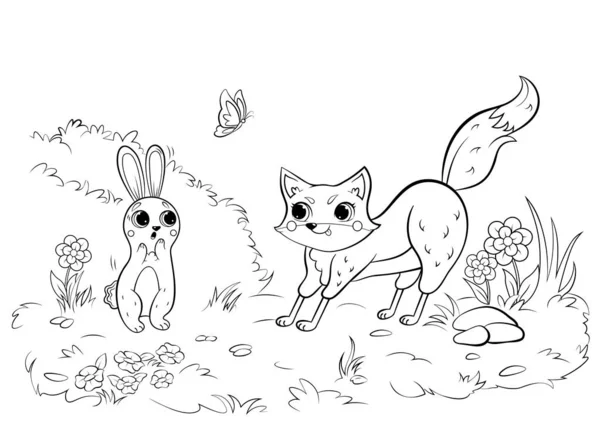 可爱的卡通狐狸和野兔的彩色页面轮廓 有森林背景的矢量图像 儿童森林野生动物着色书 — 图库矢量图片