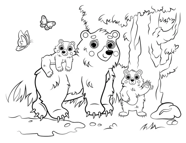 可爱的卡通熊家族的彩色页面轮廓 森林背景上的熊妈妈和小熊的矢量图像 儿童森林野生动物着色书 — 图库矢量图片