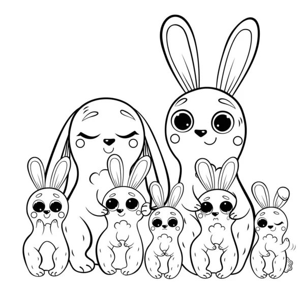 可爱的卡通野兔家庭矢量着色页面轮廓 男兔和女兔带着他们的长裙 快乐的兔子 给孩子们的森林动物着色书 因白人背景而被隔离 — 图库矢量图片