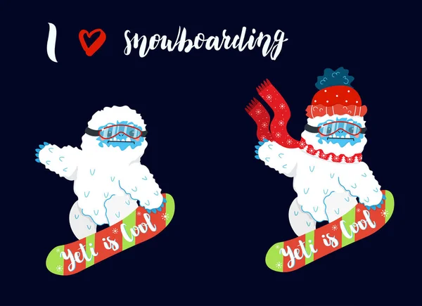 Cute snow yeti snowboarding sport vector set. I love snowboarding. Happy cartoon yeti with red winter hat and scarf. Winter holidays and activities.