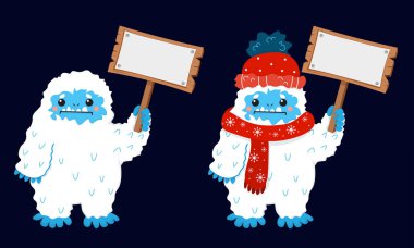 Elinde boş levha resmi olan sevimli kar canavarı. Karanlık arka planda izole edilmiş. Kış kıyafetleriyle.