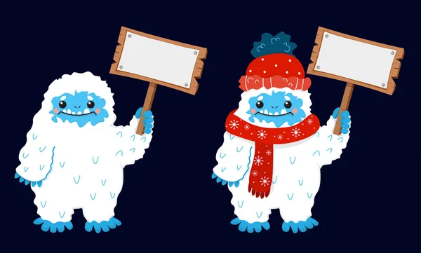 Niedliche Schnee Yeti Mit Leerem Schild Plakat Halten Der Hand — Stockvektor