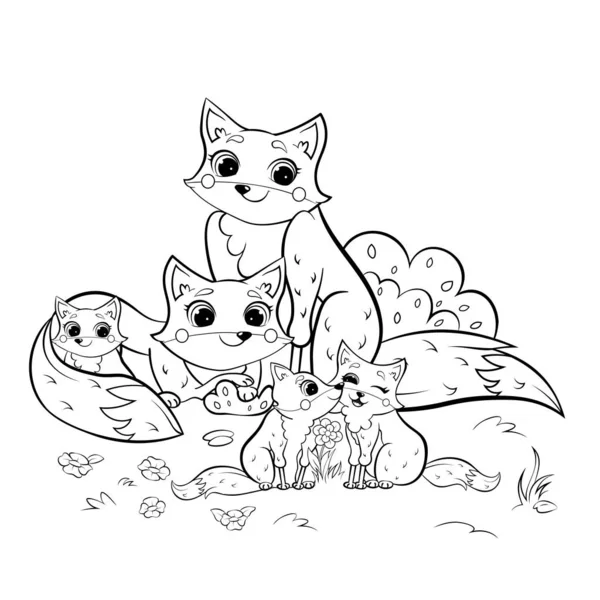 Cute Cartoon Wild Fox Family Vector Coloring Page Outline Male — Stock Vector