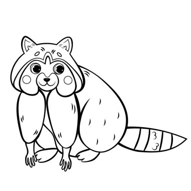 Çizgi film rakununun boyama sayfası. Beyaz arkaplanda vektör görüntüsü izole edildi. Çocuklar için orman hayvanları boyama kitabı..
