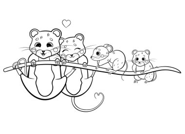 Tatlı tarla faresi aile vektör boyama sayfası taslağı. Erkek ve dişi tarla fareleri, çimenlerin üzerinde sallanan küçük fareleriyle. Çocuklar için orman hayvanları. Beyaz arkaplanda izole.