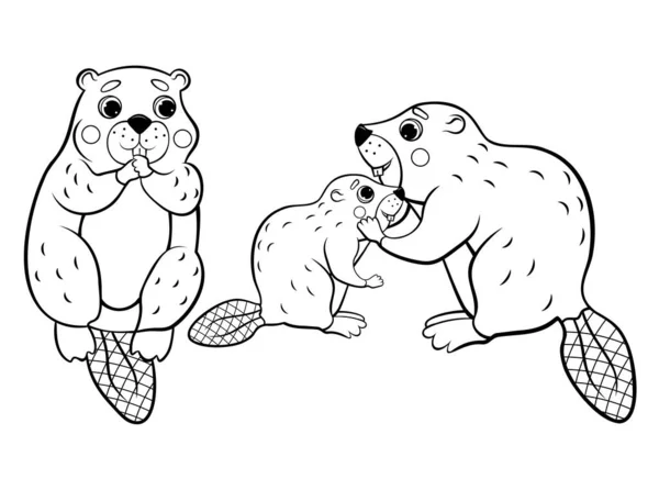 Cute Cartoon Wild Beaver Family Vector Coloring Page Outline Male — Stock Vector