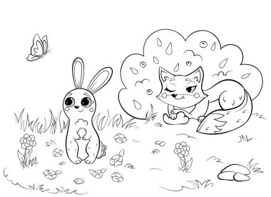 Sevimli tilki ve tavşanın renkli sayfa taslağı. Orman geçmişi olan vektör görüntüsü. Çocuklar için orman hayvanları boyama kitabı..