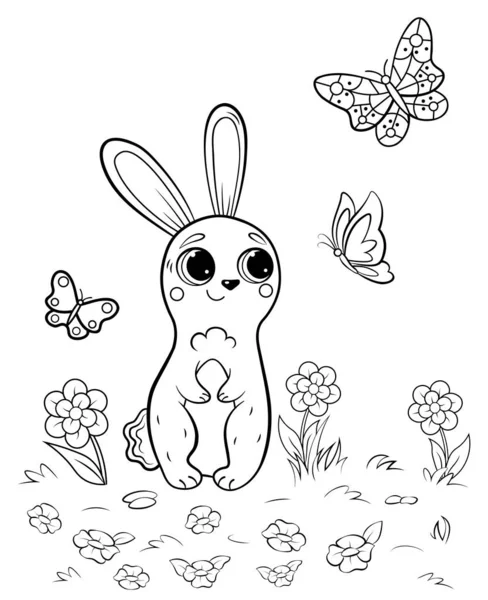 Coloring Page Outline Cute Cartoon Hare Watching Butterflies Vector Image — Stock Vector