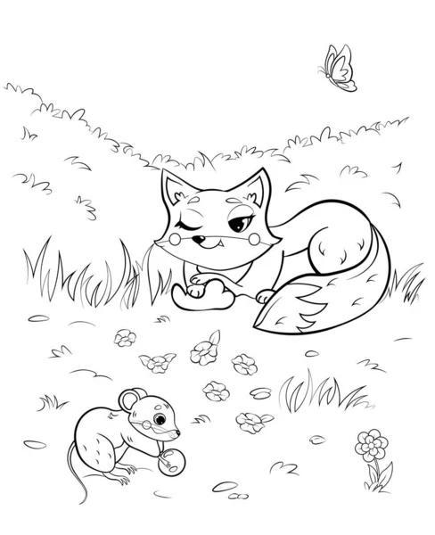 かわいい漫画キツネやマウスやボリュームのぬりえページアウトライン 森を背景にベクトル画像 子供のための森野生動物のぬり絵 — ストックベクタ