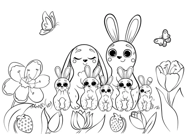 可爱的卡通野兔家庭的彩色页面轮廓 小兔子开着花 有森林背景的矢量图像 儿童森林野生动物着色书 — 图库矢量图片