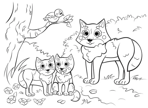 Coloring Page Outline Cute Cartoon Wolf Family Little Cubs Vector — Stock Vector