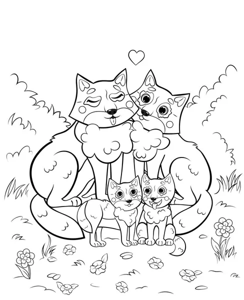 Coloring Page Outline Cute Cartoon Wolf Family Little Cubs Vector — Stock Vector