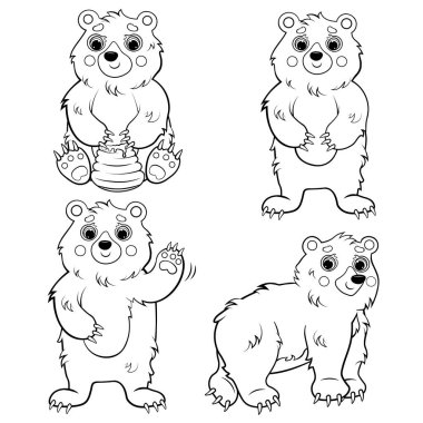 Çizgi film ayısının boyama sayfası. Vektör seti beyaz arkaplanda izole edildi. Çocuklar için orman hayvanları boyama kitabı..