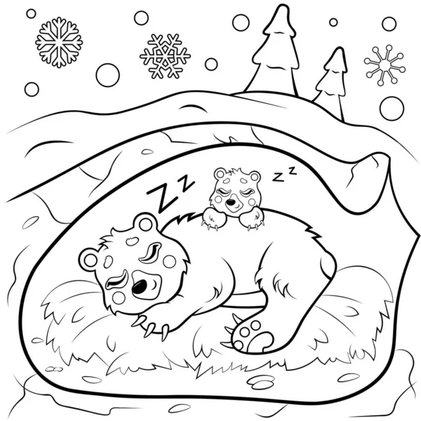 かわいい漫画は冬のベクトルの着色のページでデンでクマ寝ています 赤ちゃんとママを産め 子供のための森の動物のぬり絵 — ストックベクタ