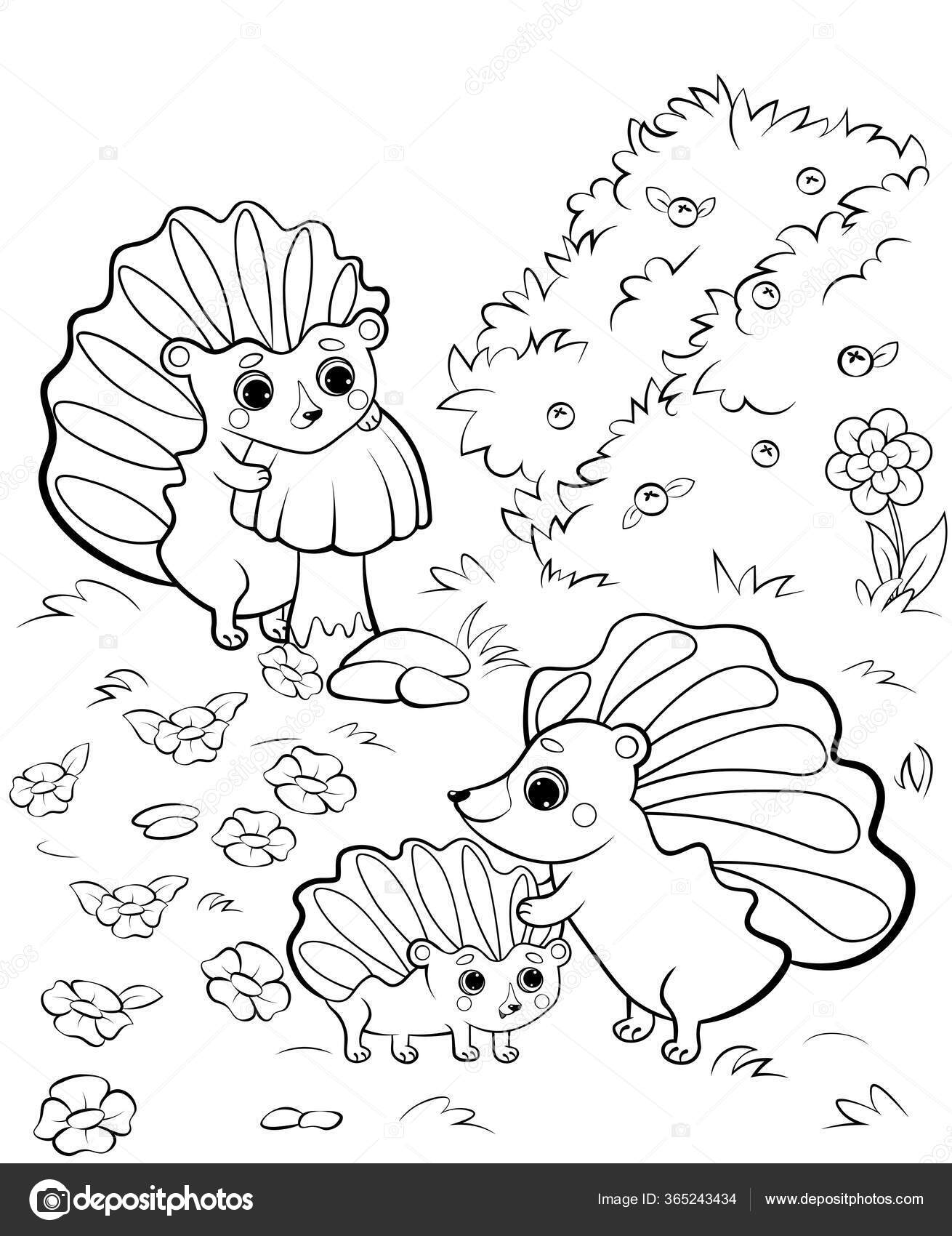 Cute Cartoon Hedgehog Family Vector Coloring Page Outline Vector Image ...