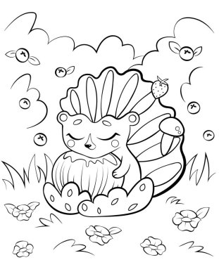 Şirin kirpi çizgi filminin ana hatlarını elmayla boyamak. Doğayla iç içe olan vektör görüntüsü. Çocuklar için orman hayvanları boyama kitabı..