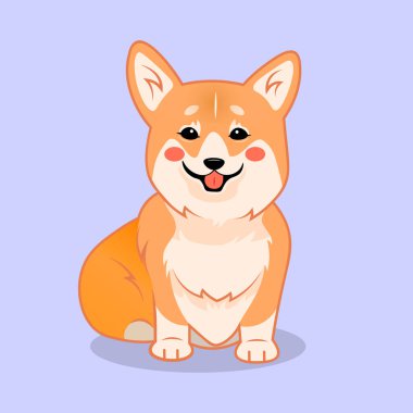 Şirin oturup gülümseyen Corgi köpek vektör çizgi filmi çizimi. Kawai corgi köpek izi. Leylak arkaplanda izole.