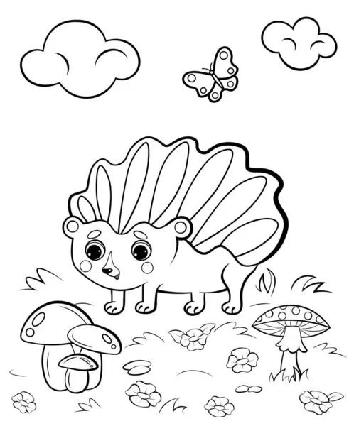 用蘑菇给可爱的卡通刺猬配色的页面轮廓 具有自然背景的矢量图像 儿童森林野生动物着色书 — 图库矢量图片