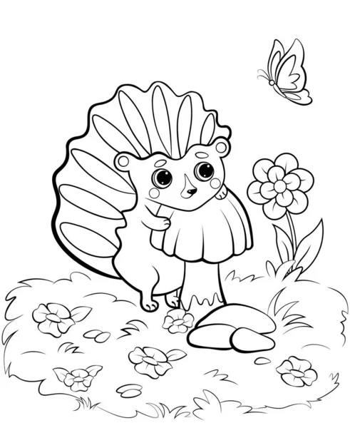 用蘑菇给可爱的卡通刺猬涂色的页面轮廓 具有自然背景的矢量图像 儿童森林野生动物着色书 — 图库矢量图片