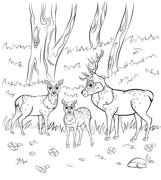 かわいい漫画の鹿の家族のぬり絵ページの概要 自然を背景にした小鳥のベクトル画像 子供のための森野生動物のぬり絵 — ストックベクタ