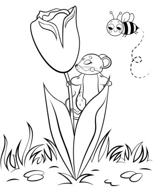 Tatlı orman faresinin ya da farenin çiçek lalesiyle renklendirilmiş sayfa taslağı. Doğayla iç içe olan vektör görüntüsü. Çocuklar için orman hayvanları boyama kitabı..