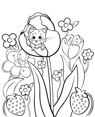 Tatlı orman faresinin ya da farenin çiçek lalesiyle renklendirilmiş sayfa taslağı. Çiçek arkaplanlı vektör görüntüsü. Çocuklar için orman hayvanları boyama kitabı..