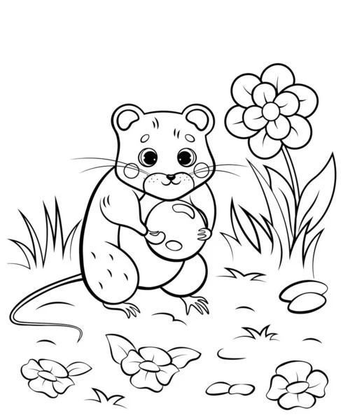 Coloriage Contour Bande Dessinée Mignonne Campagnol Souris Avec Baie Image — Image vectorielle