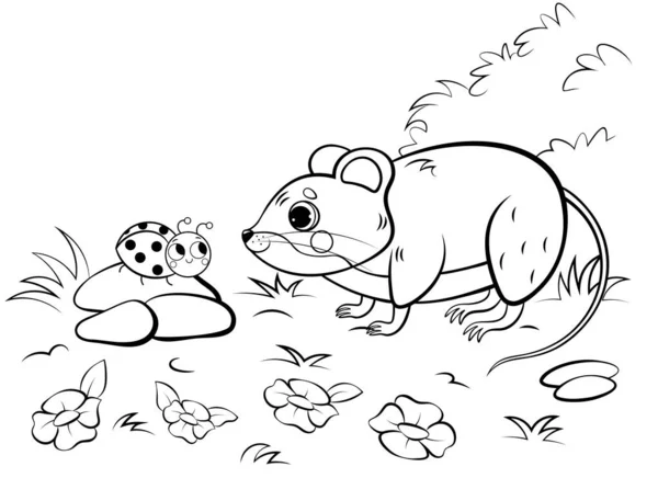 Coloriage Contour Campagnol Dessin Animé Mignon Souris Avec Coccinelle Image — Image vectorielle