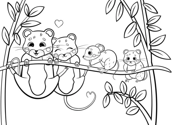 Cute Cartoon Vole Family Vector Giring Page Outline 암컷은 발굽을 — 스톡 벡터