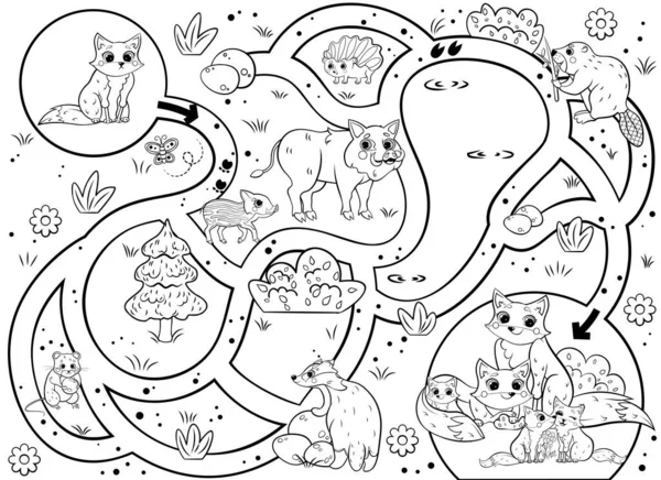 迷子のキツネが彼の家族への道を見つけるのを助けてください 就学前の子供のための迷路や迷路ゲーム パズルだ 絡まった道だ 子供のための森林動物 色は黒と白 — ストックベクタ