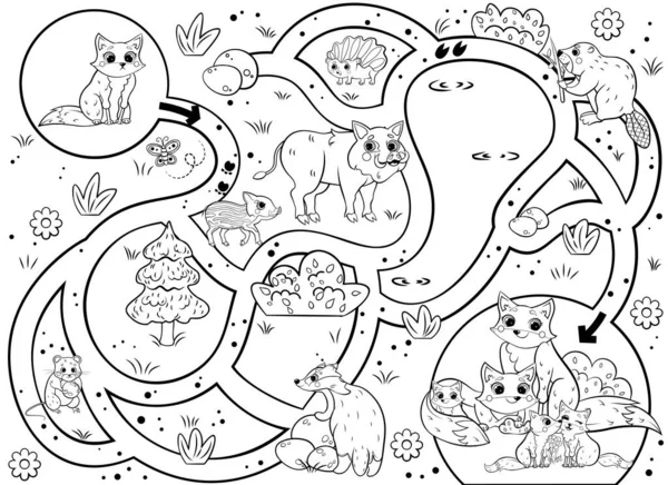 Aidez Petit Renard Perdu Trouver Chemin Famille Labyrinthe Jeu Labyrinthe — Image vectorielle