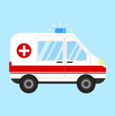 Ambulans arabasının düz çizimi mavi arka planda izole edildi. Hastane taşıması.