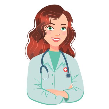 Beyaz arka planda izole edilmiş steteskop vektör illüstrasyonlu güzel, gülümseyen bayan doktor..