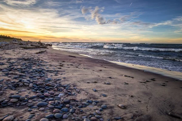 Michigan Große Seen Strand Sonnenuntergang Hintergrund Breiter Sandstrand Mit Wellen — Stockfoto