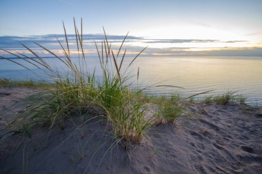 Yaz geceleri. Dune çim bir büyük kumul alacakaranlıkta Michigan Gölü kıyısında kenarında. Uyuyan ayı Dunes Ulusal Lakeshore, Michigan, ABD.