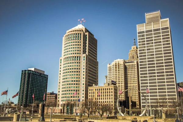 Detroit Michigan Skyline. Cityscape of downtown Detroit, Michigan with Hart Plaza in the foreground. Detroit is the largest city in Michigan and is also known as the Motor City.