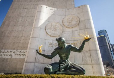 Detroit, Michigan, USA - March 22, 2018: The Spirit of Detroit at the Coleman A Young Municipal Center. The bronze statue was commissioned by the city in 1958 and is by sculptor Marshall Fredericks. clipart