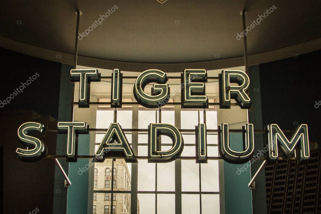 Detroit, Michigan, USA - March 28, 2018: Vintage Tiger Stadium sign from the original Detroit Tiger field. The stadium was home to the TIgers from 1912-1999.