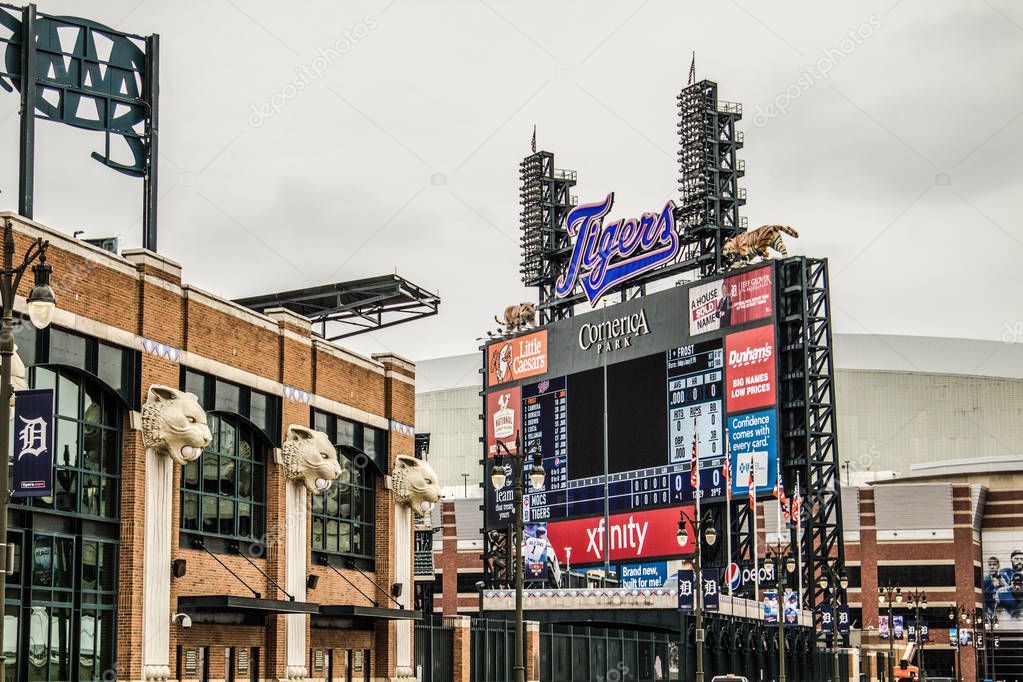 Detroit, Michigan, USA - March 20, 2018: Exterior and scoreboard of Comerica Park home to the Detroit Tigers. The ballpark has a capacity of over 41,000 and replaced Tiger Stadium in the year 2000.