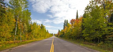 Manzaralı Sonbahar Gezisi Panoraması. Michigan yarımadasında sonbahar yeşillikleriyle çerçevelenmiş ufka giden açık yol.