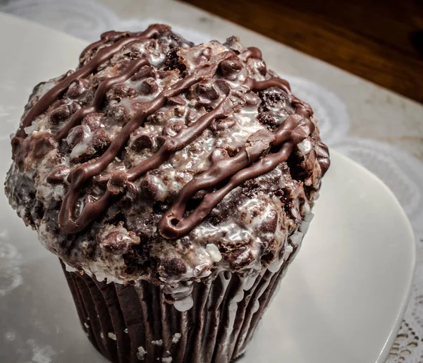 Fresh Oven Chocolate Muffin Close Bakery Style Chocolate Muffin Drizzle — Stock Photo, Image