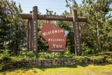 Florence, Wisconsin, USA - July 6, 2019: State of Wisconsin welcome sign at the border of Wisconsin and Michigan.
